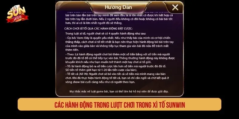Các hành động trong lượt chơi Xì Tố Sunwin