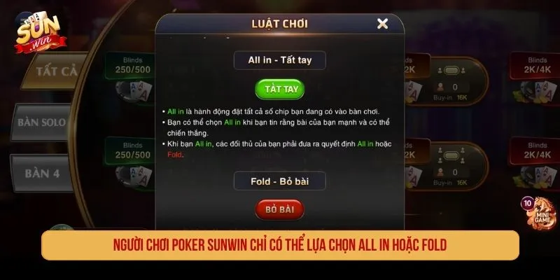 Cơ chế All-in hoặc Fold trong Poker Sunwin